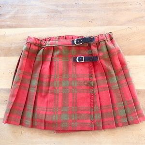 Vintage Kid's Plaid Kilt Bright Red Orange and Lime Green Fringe Leather Straps
